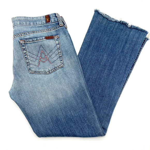 7 Seven For All Mankind Jeans Womens 30 Blue Pink Stitching A Pocket Flare Y2K - Picture 1 of 12